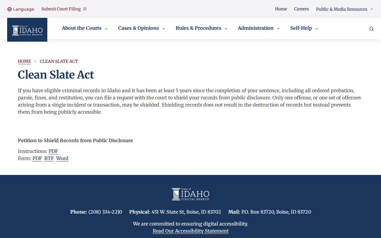 Bear Lake County criminal case Clean Slate forms