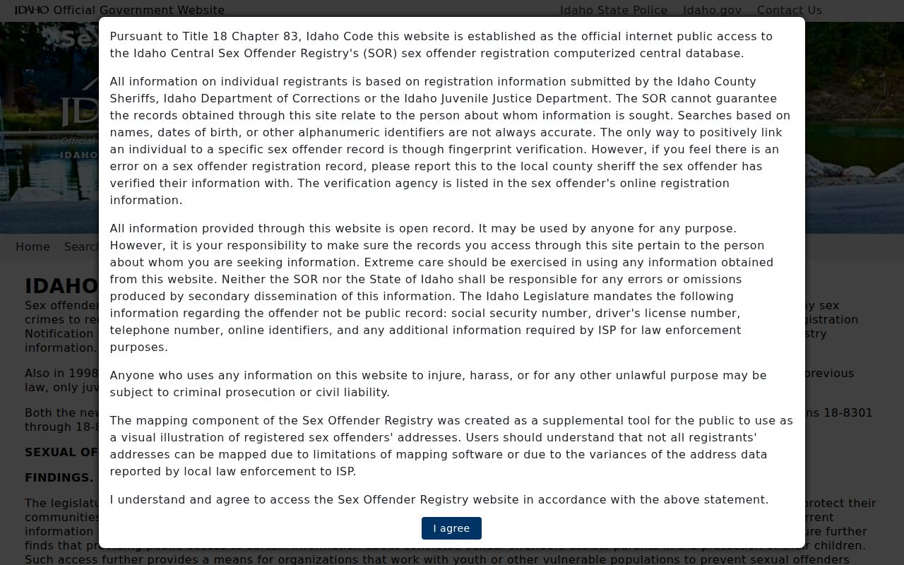 Idaho Central Sex Offender Registry home and public-use warning