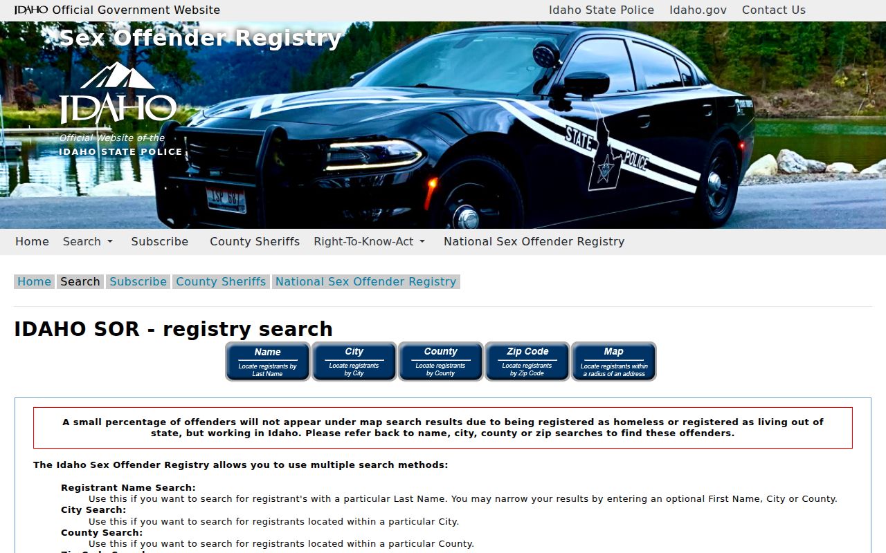 Idaho registry name county ZIP and map search controls